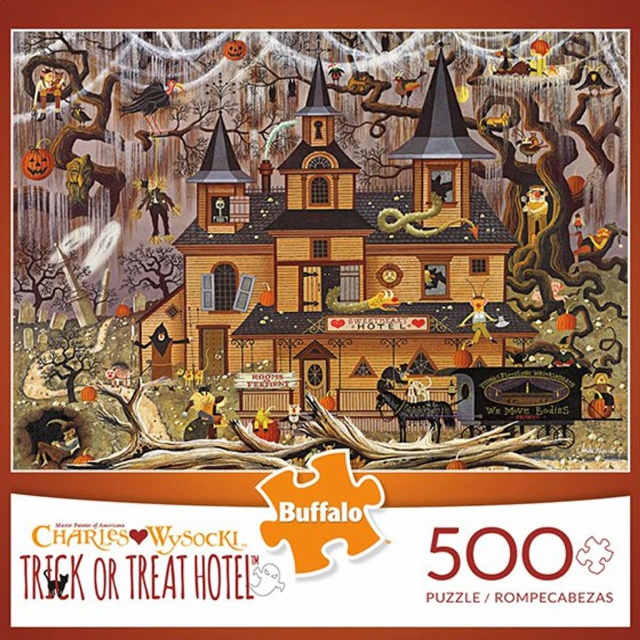 * Buffalo Games Charles Wysocki Trick Or Treat Hotel 500 Piece Jigsaw Puzzle Fall Puzzles