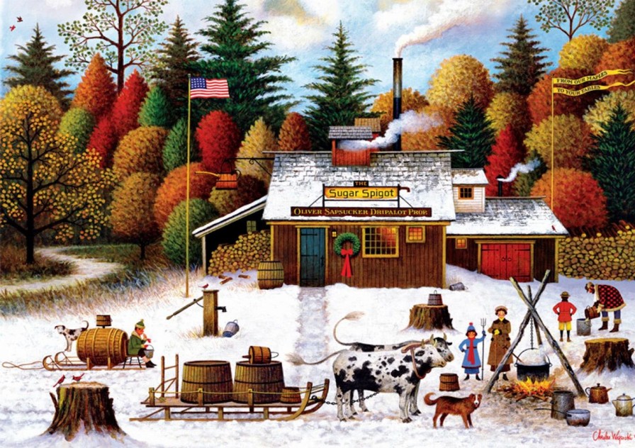 * Buffalo Games Charles Wysocki Vermont Maple Tree Tappers 300 Large Piece Jigsaw Puzzle Fall Puzzles