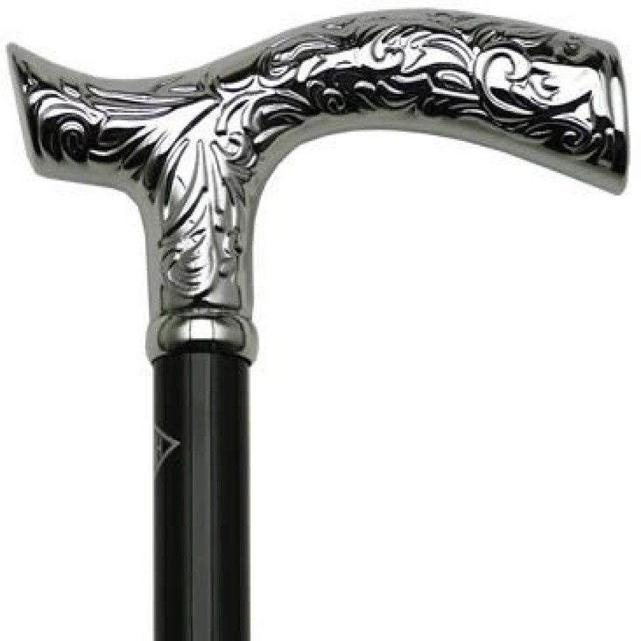 * Harvy Men Fritz Cane Black, Chrome Embossed Handle -Affordable Gift For Your Loved One! Item #Dhar-07634 Walking Canes