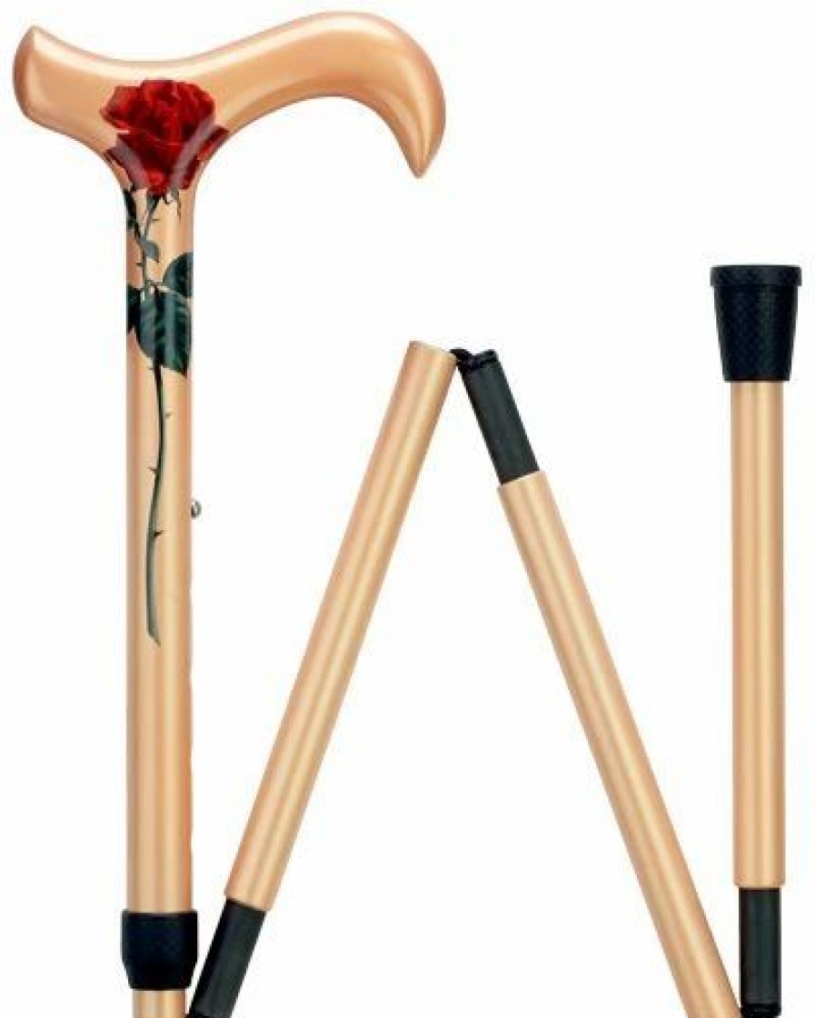 * Harvy Ladies 4-Section Folding Adjustable Derby Cane Golden Carbon Fiber Shaft, Solid Wood Handle -Affordable Gift For Your Loved One! Item #Dhar-75677 Walking Canes