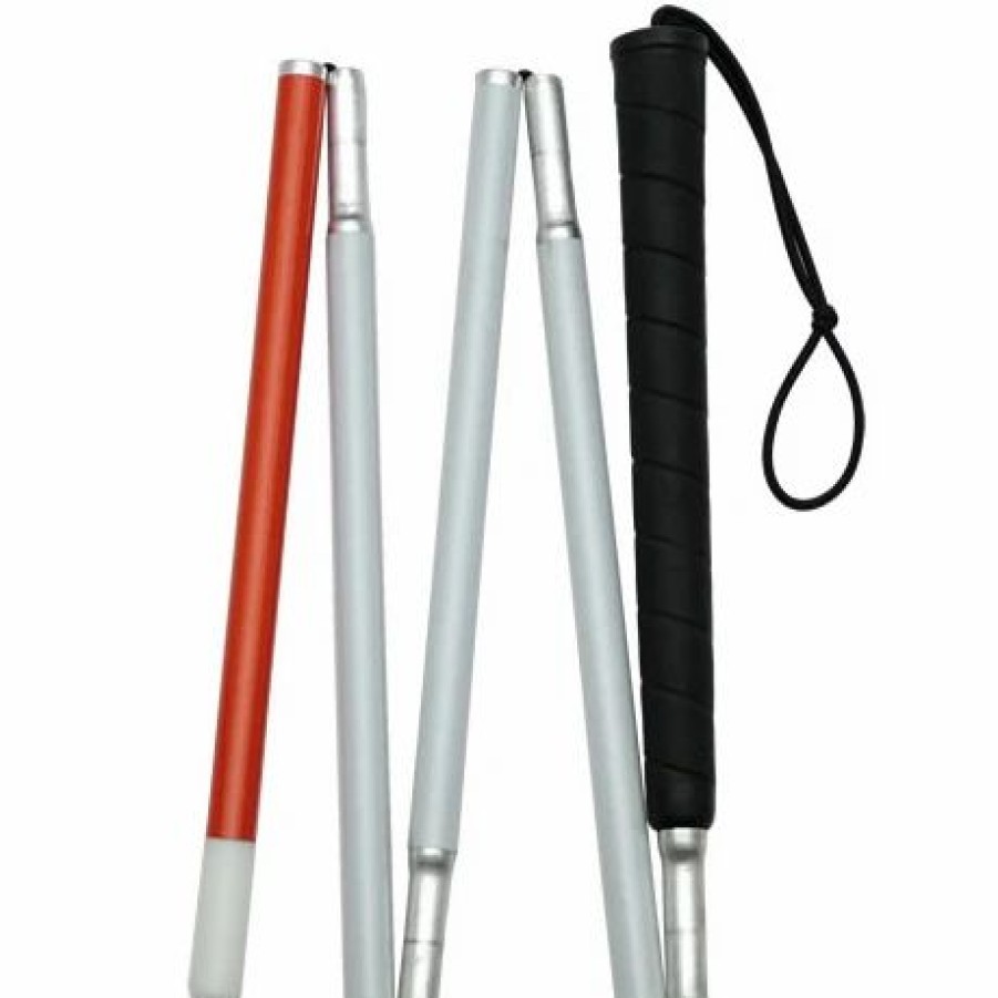 * Harvy Uni 4-Section Folding Grip White Cane, Black Handle -Affordable Gift For Your Loved One! Item #Dhar-14822 Walking Canes