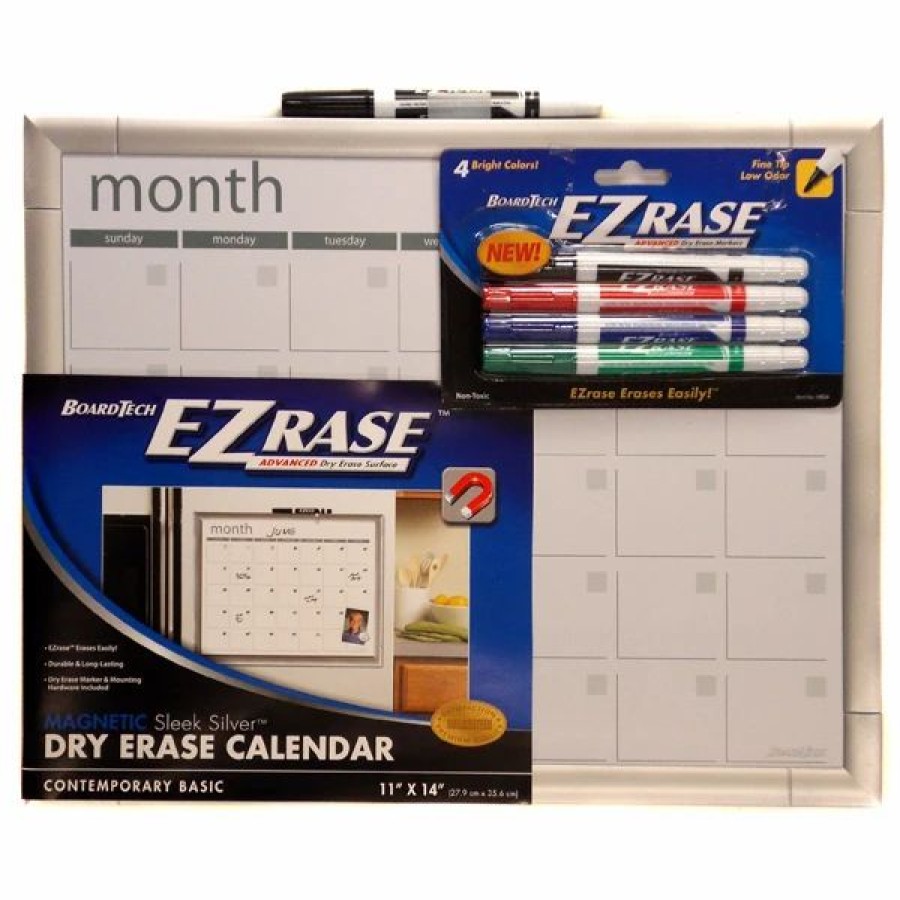 * Boardtech Magnetic Dry Erase Calendar, Sleek Silver With 4 Markers Stationery