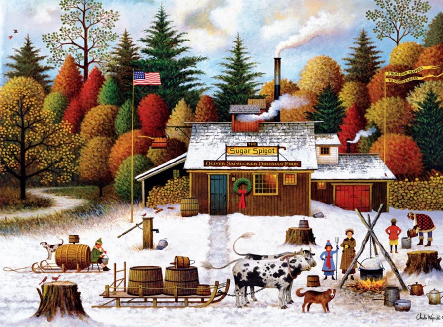 * Buffalo Games Charles Wysocki Vermont Maple Tree Tappers 1000 Piece Jigsaw Puzzle Fall Puzzles